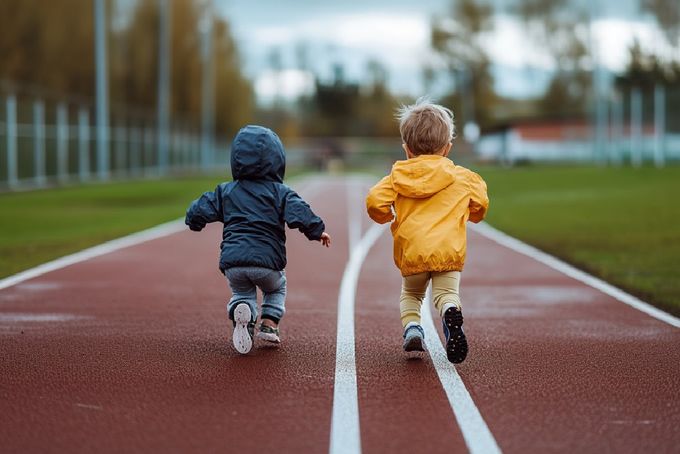 Two toddlers learning how to run.