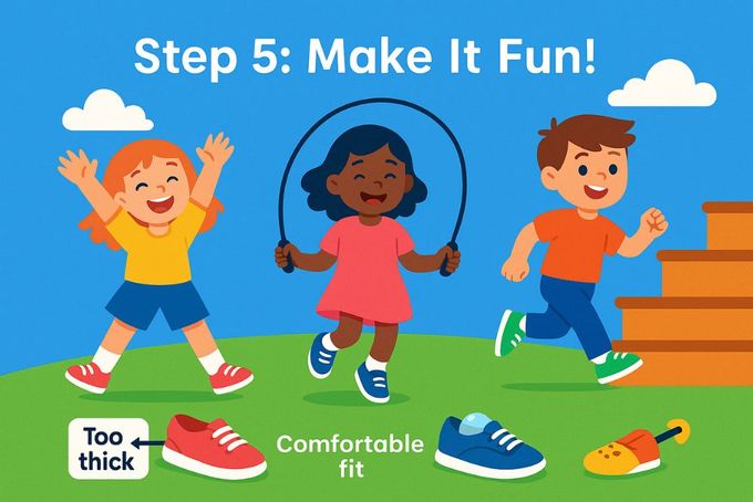 Kids doing playful activities to break in their new shoes.