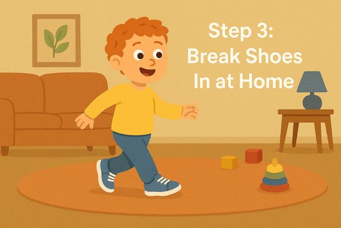 Child wearing new shoes at home while walking and playing.