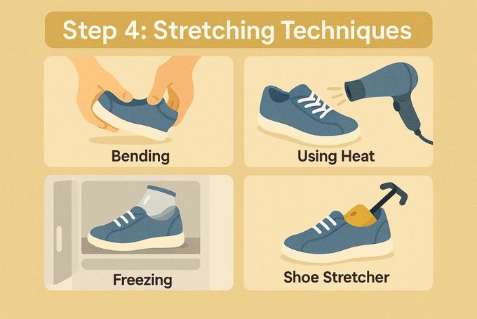 Illustrated infographic of different techniques to stretch children’s shoes safely.