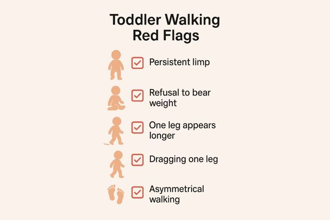 Illustrated checklist of red flag walking signs in toddlers.