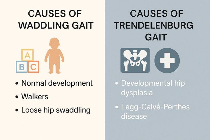 Infographic comparing causes of waddling gait and Trendelenburg gait in toddlers.
