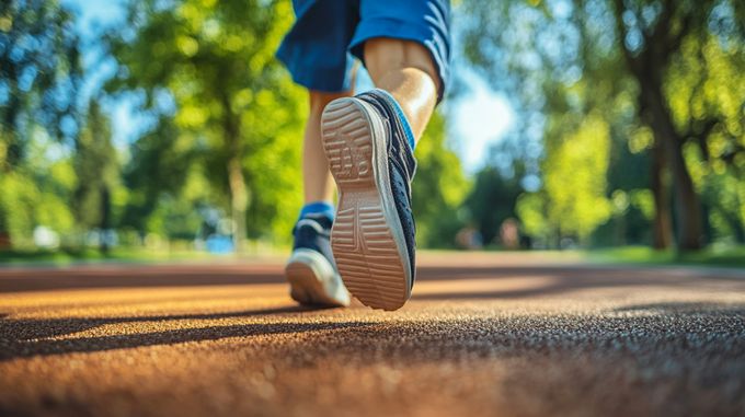 A boy running down a street, wearing running shoes. There are trees in the background.