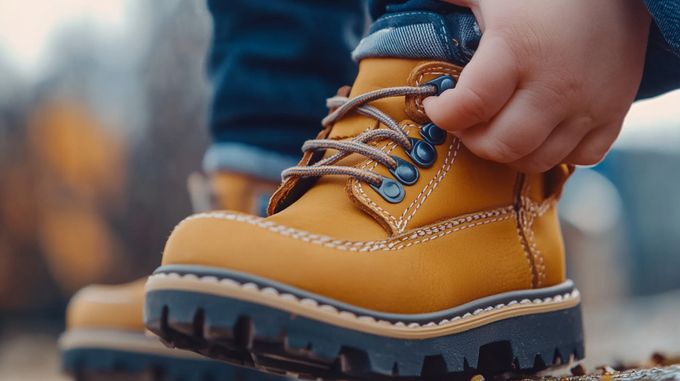 A close up of a child's foot wearing yellow boots.