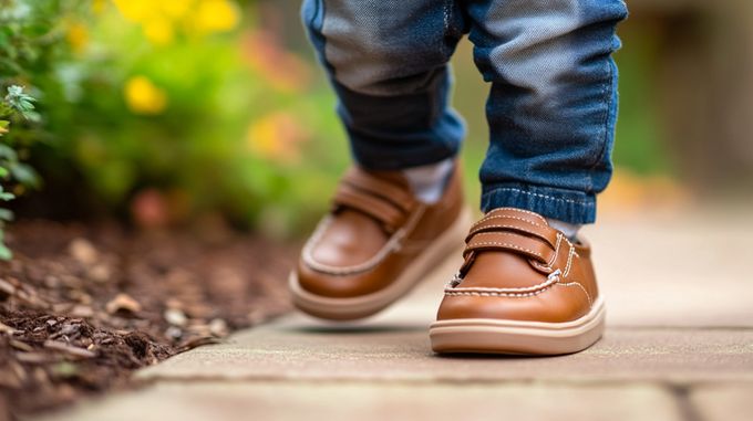 A close up of a toddler walking in brown leather shoes on a sidewalk.