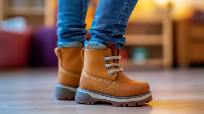 A close up of a child wearing a pair of tan lace-up boots.