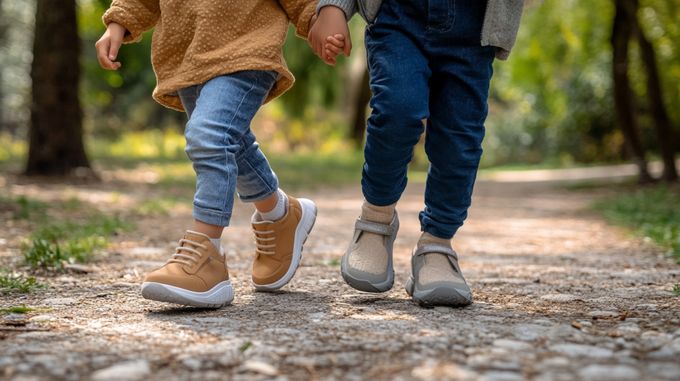 A couple of kids walking down a dirt road, holding hands.
