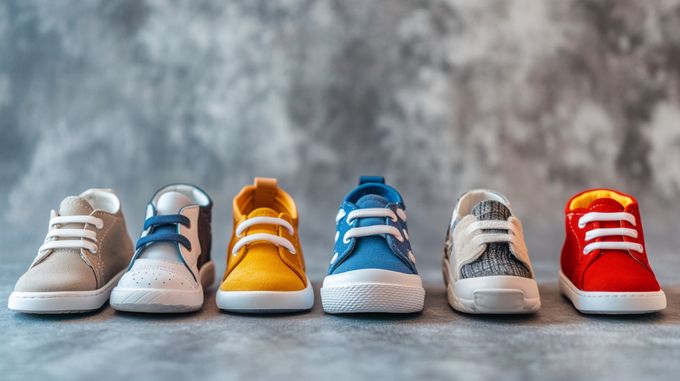 A row of different coloured shoes on a gray surface.