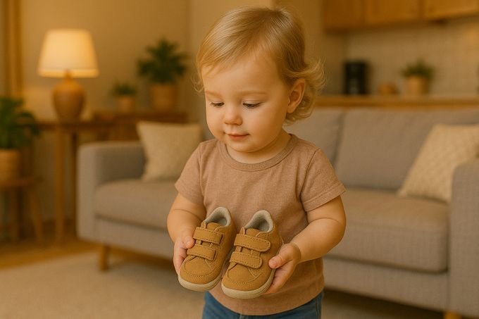 A toddler holding a pair of shoes in a living room.