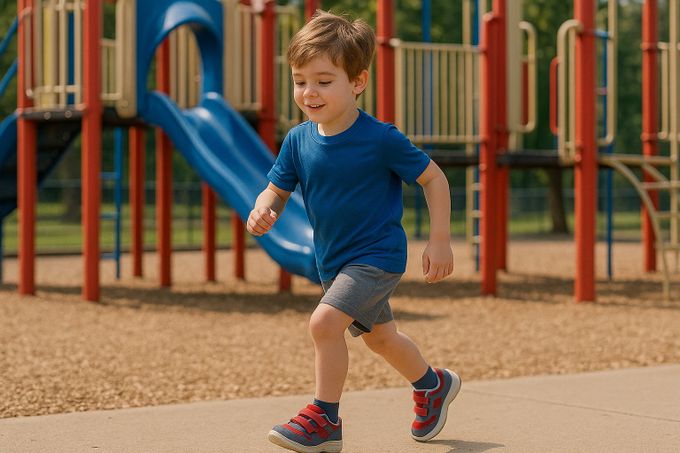 A young boy running in front of a playground.