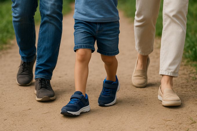 A couple walking down a dirt road with their child walking between them.