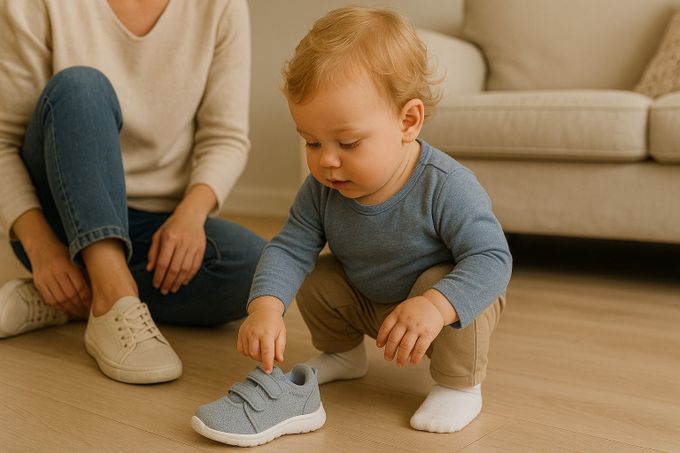 A baby playing with a pair of shoes on the floor.