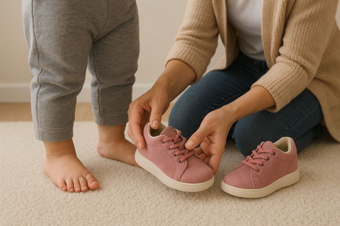 A parent helping a toddler put on pink sneakers while the child stands barefoot on a carpet.