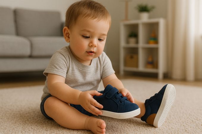 Toddler with chubby feet wearing comfortable wide-fit shoes while playing on carpet.