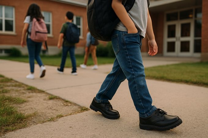 Child wearing comfortable back to school shoes while walking to school carrying a backpack.