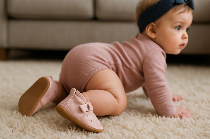 Crawling baby wearing soft-soled shoes while exploring on the floor.