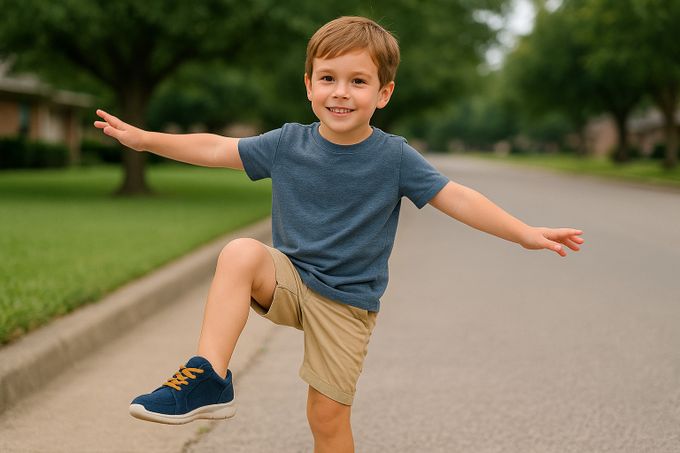 Child wearing supportive shoes with arch support while playing.