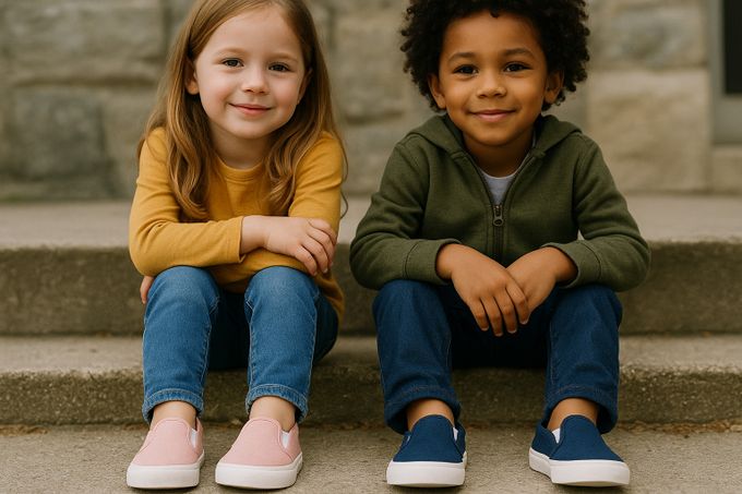 Two children wearing simple to slip on sneakers while sitting on steps.
