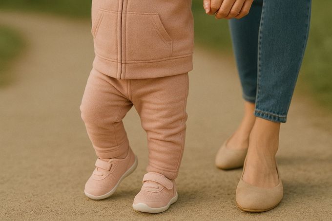A baby girl learning to walk in her first shoes.