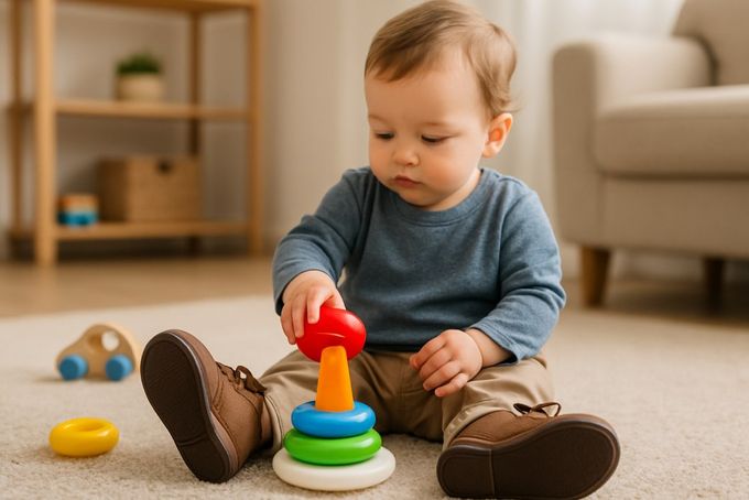 A baby in hard soled shoes playing with toys.