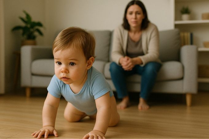 A baby crawling on the floor, with the mother behind concerned about delayed walking.
