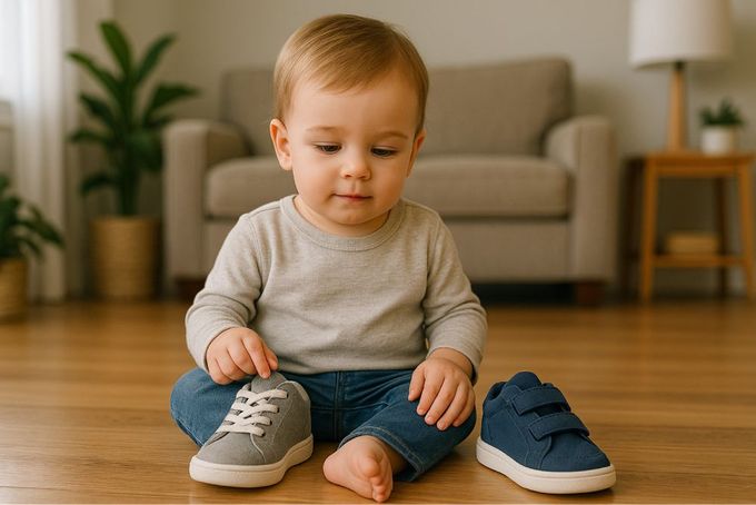 A kid sitting next to laces and Velcro shoes.