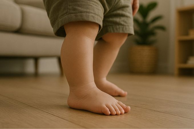 a small child standing on a hard wood floor