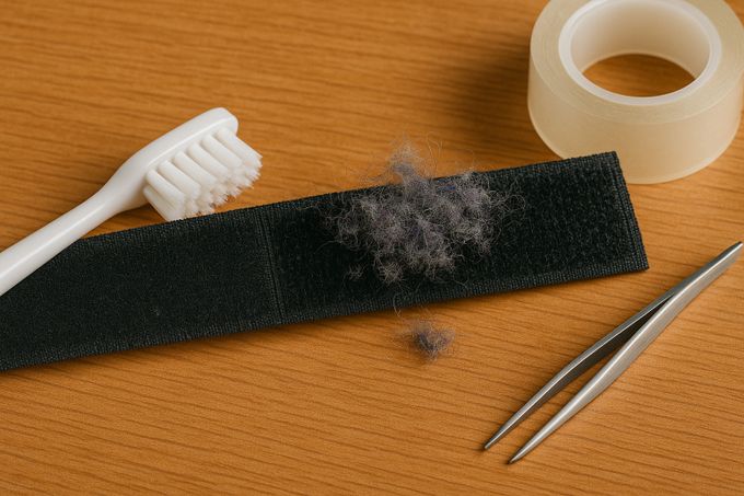 An image of a piece of velcro being cleaned with a toothbrush and a pair of tweezers. close up of a tooth brush on a table