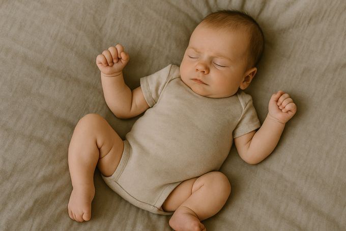 A baby laying on a bed with his eyes closed and feet curled.