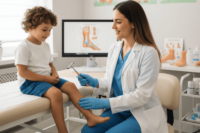 A podiatrist checking a child for different leg length and the causes.