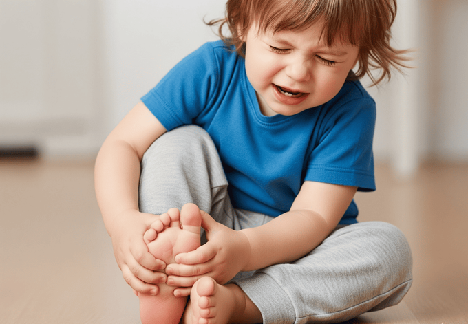 A tddler holding on to his foot in pain after wearing tight shoes.