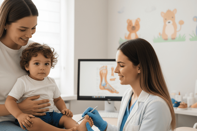 A podiatrist checking a baby's foot for overlapping toes.