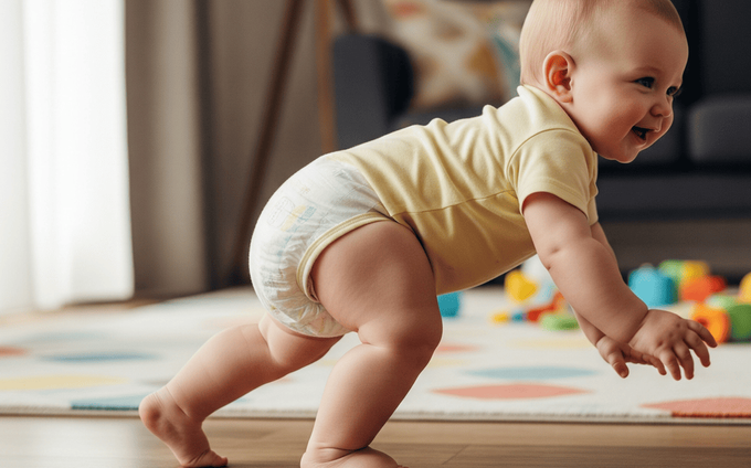 A toddler with healthy foot development trying to stand up and take their first steps.