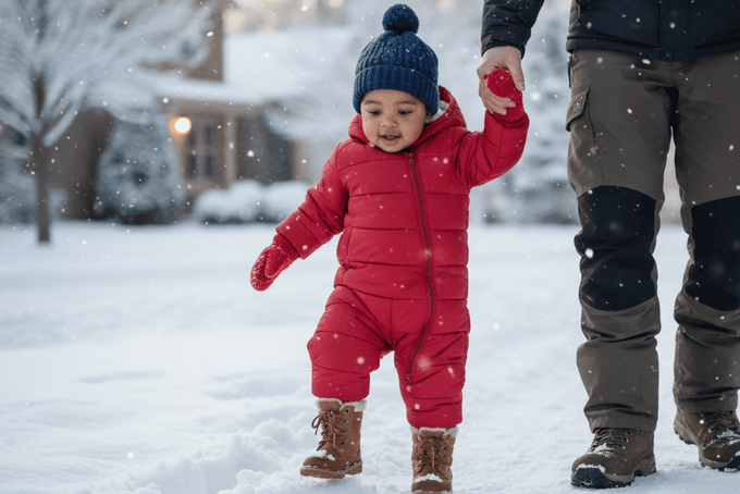 A toddler using winter boots while exploring the outdoors.