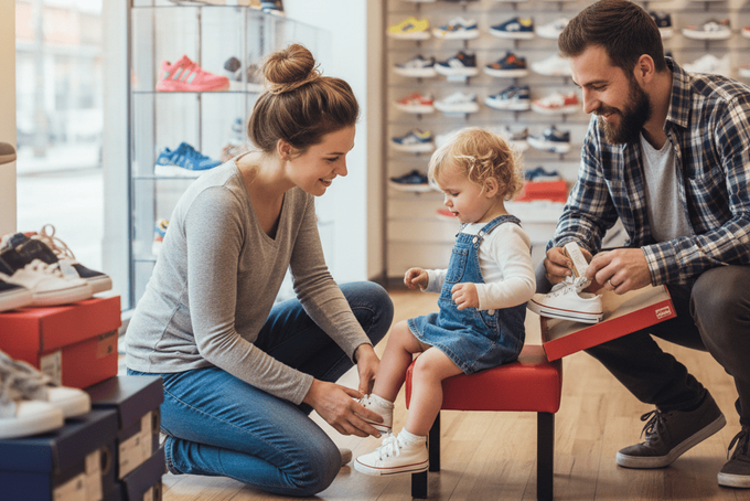 Parents in a shoe store trying on shoes for the child with sensory issues.