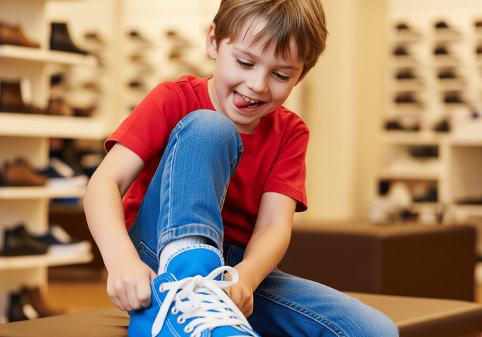 A 6 year old boy trying on shoes for every occasion.