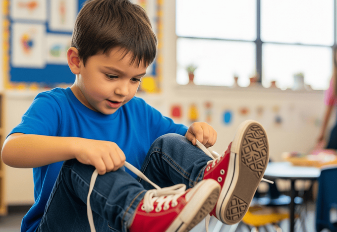 A young boy trying to put on in his shoes in kindergarten.