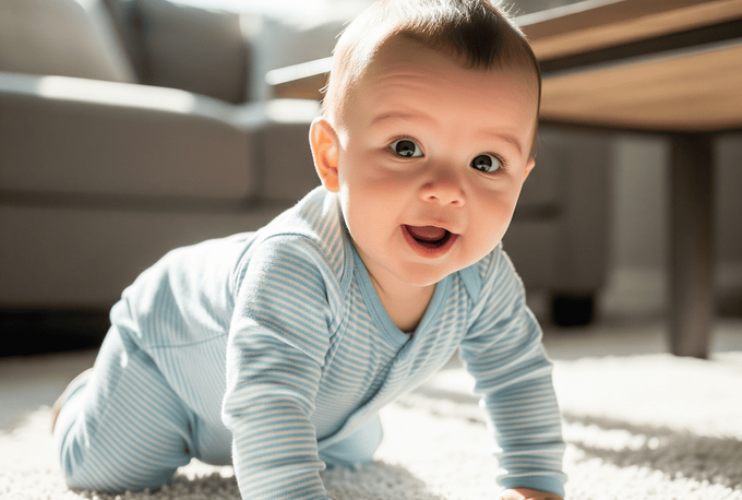 A baby who is crawling on a floor after stopping bottom shuffling.