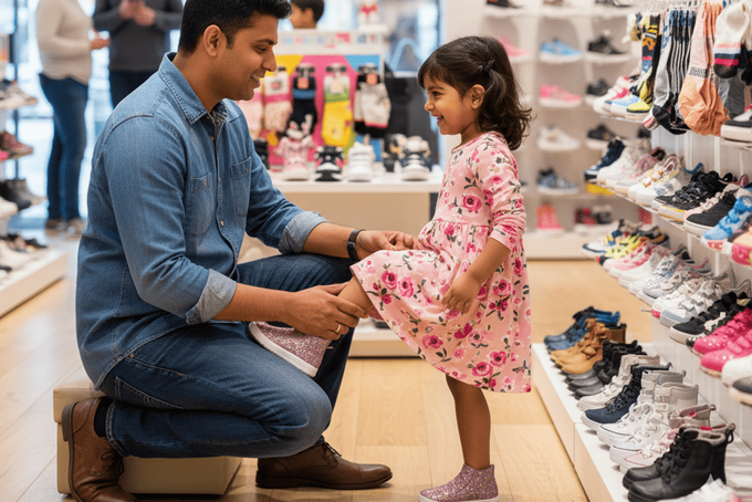 A father trying on orthopaedic shoes for his daughter.