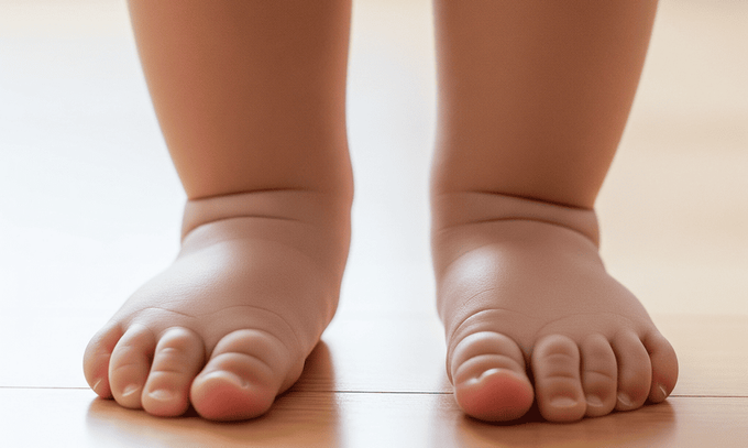 A toddler with flat feet in need of arch support shoes.