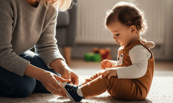 A mother slipping on sneakers for her toddler with wide feet.