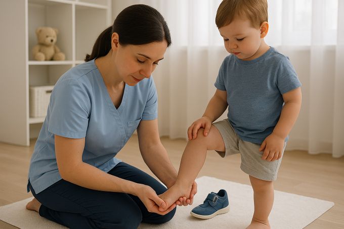 A woman sitting on the floor in a playroom, massaging her toddler's foot.