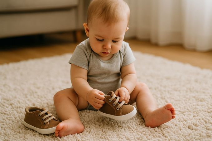 Baby sitting on furry mat exploring first walking shoes with hands.