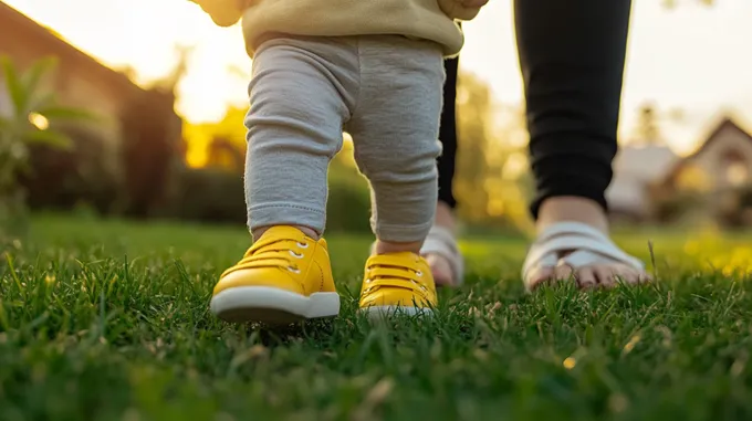 a child in yellow tennis shoes walking in the grass