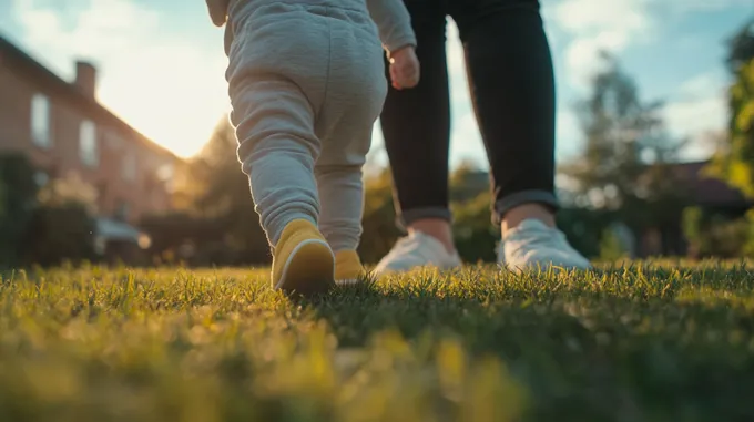 a woman and a child walking in the grass