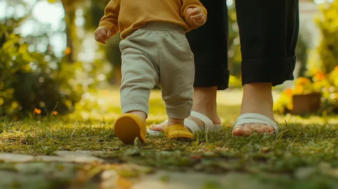a small child walking next to a woman