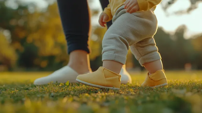 a close up of a child's feet wearing yellow shoes