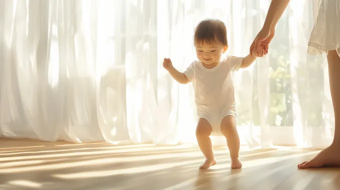 a baby in a white bodysuit holding the hand of a woman