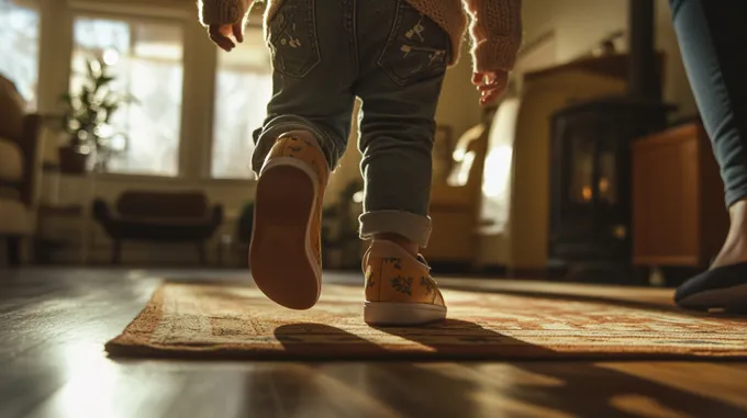 toddler walking on a rug in a living room