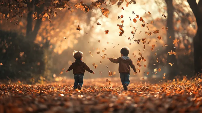two young boys are playing in the leaves